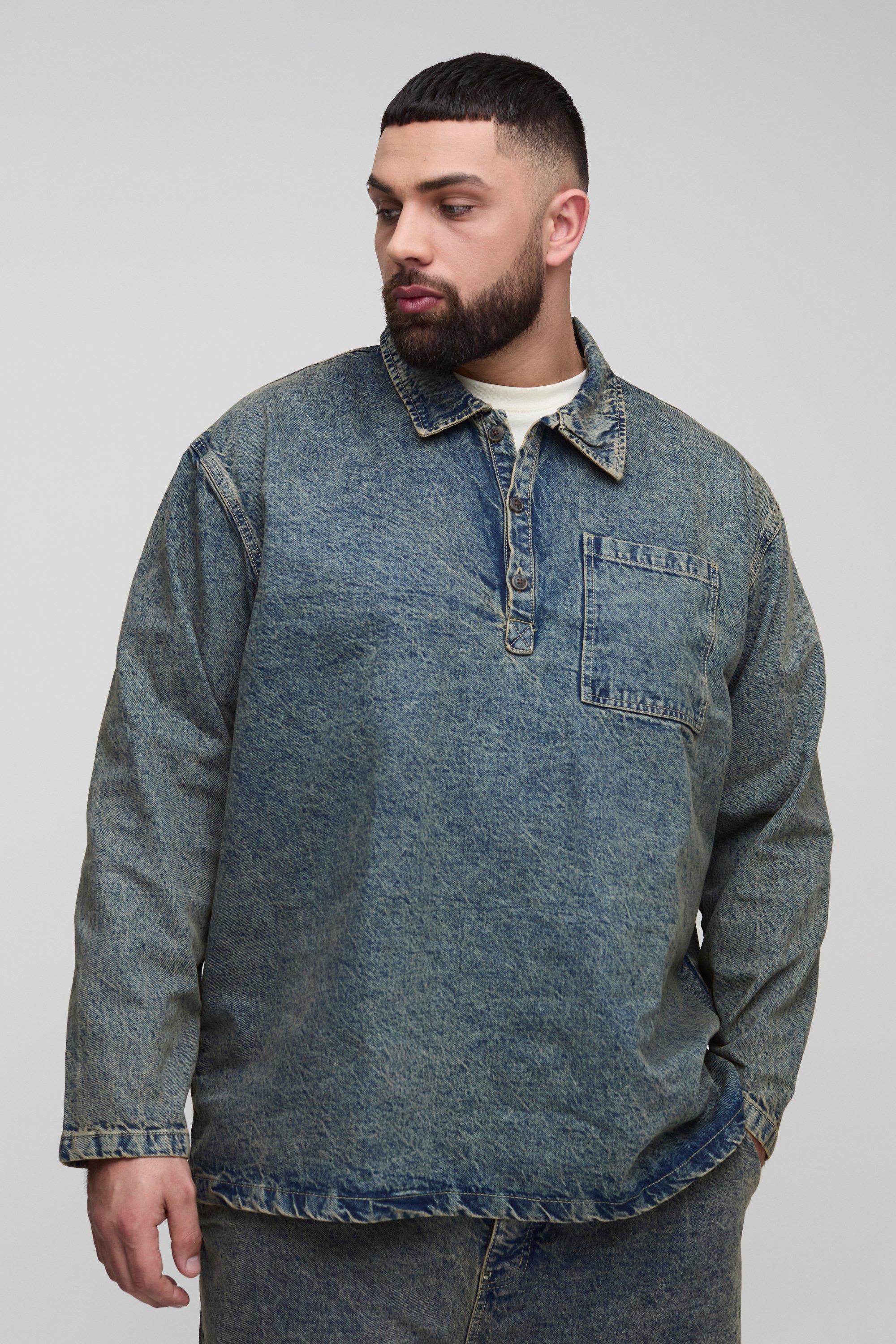 Mens Grey Plus Oversized Denim Rugby Shirt, Grey